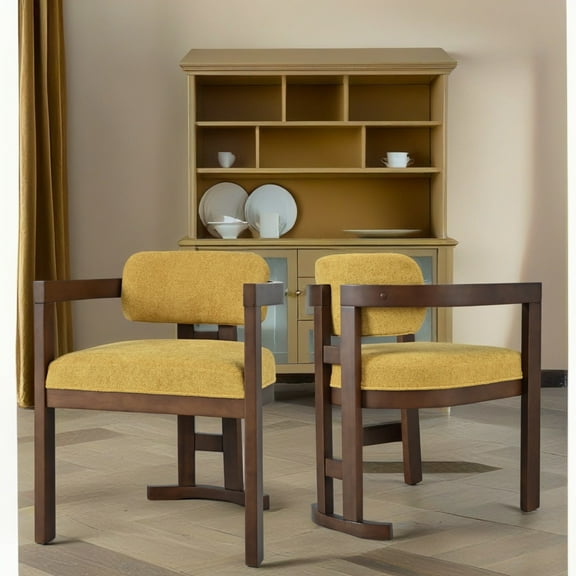 Luxe Modern Upholstered Dining Chairs, Birch Wood Frame, Walnut Yellow, Set of 2
