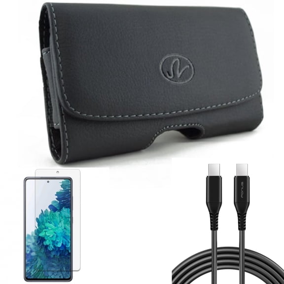 Screen Protector & 6ft Long USB-C Cable & Case Belt Clip for Samsung Galaxy S20 Fan Edition - Anti-Glare Tempered Glass   PD Fast Charger Cord Power   Leather Swivel Combo