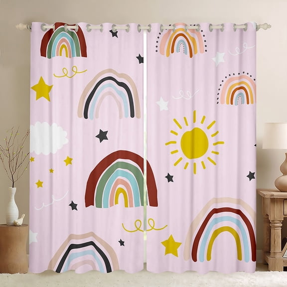 Homewish Multicolor Geometric Striped Blackout Curtains Set of 2 (52x84 Each),Kawaii Rainbow Sun Window Curtains,Black Stars Print Curtains and Drapes For Kids,Microfiber Bedroom Decor
