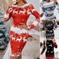 thumbnail image 1 of Robe de Noël à Col Rond à Manches Longues, Taille Ajustée, Moulante, Portefeuille aux Hanches, Imprimé Renne et Flocon de Neige, Mini-Robe Moulante Mode Urbaine, 1 of 8