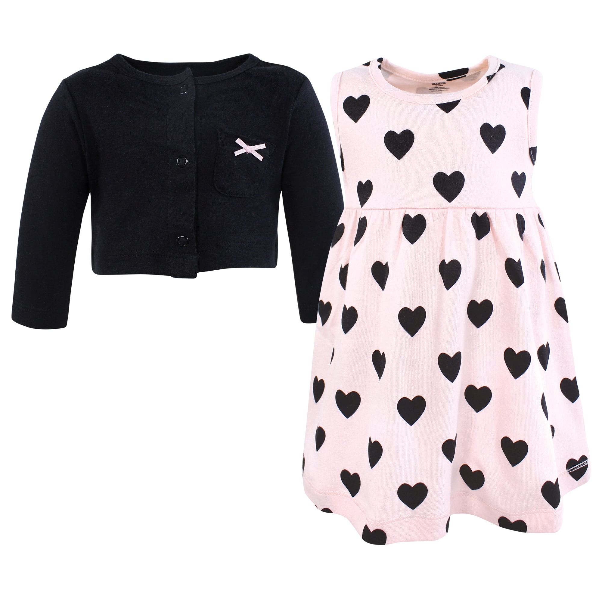 Hudson Baby Infant and Toddler Girls Cotton Dress and Cardigan Set, Pink Black Heart, 18-24 Months
