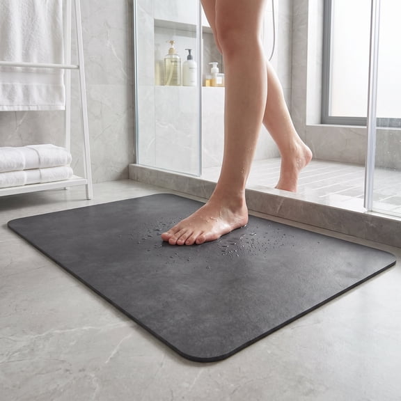 Thin Bath Mat Fits Under Door, Non-Slip Washable Bathroom Rug, 16"x24" Dark Grey, Quick Dry Absorbent Low Profile Shower & Sink Mat