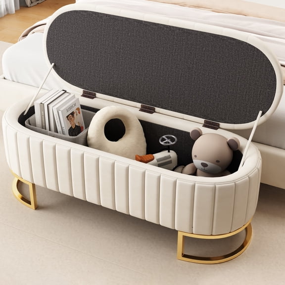 Noble House Elegant Upholstered Velvet Storage Ottoman with Button-Tufted Design, Storage Bench with Metal Legs,Beige