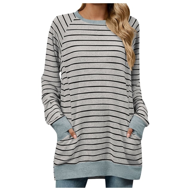 2DXuixsh Chandails en Molleton Femmes Automne Hiver Contraste Col Rond Manches Longues Poche Chandail en Molleton T-Shirt Femmes Basique Léger Chandail Haut Gris Foncé Taille g