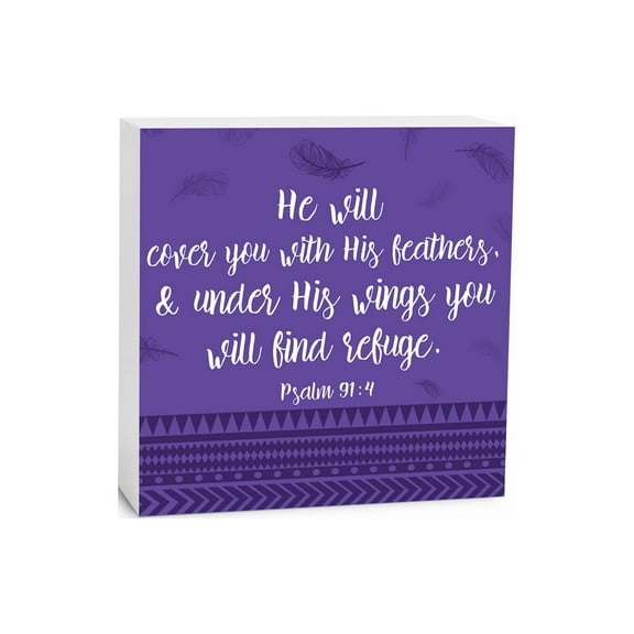 His Wings Refuge Purple Feathers 5 x 5 Wood Tabletop Sign Plaque