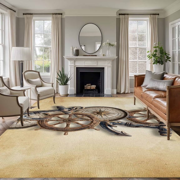 Large Area Rugs for Living Room Bedroom, Vintage Anchor Nautical 8'x10' Rug Washable Carpet Runner Indoor Outdoor, Coastal Compass Brown Non Slip Floor Mats Rug for Kitchen, Patio