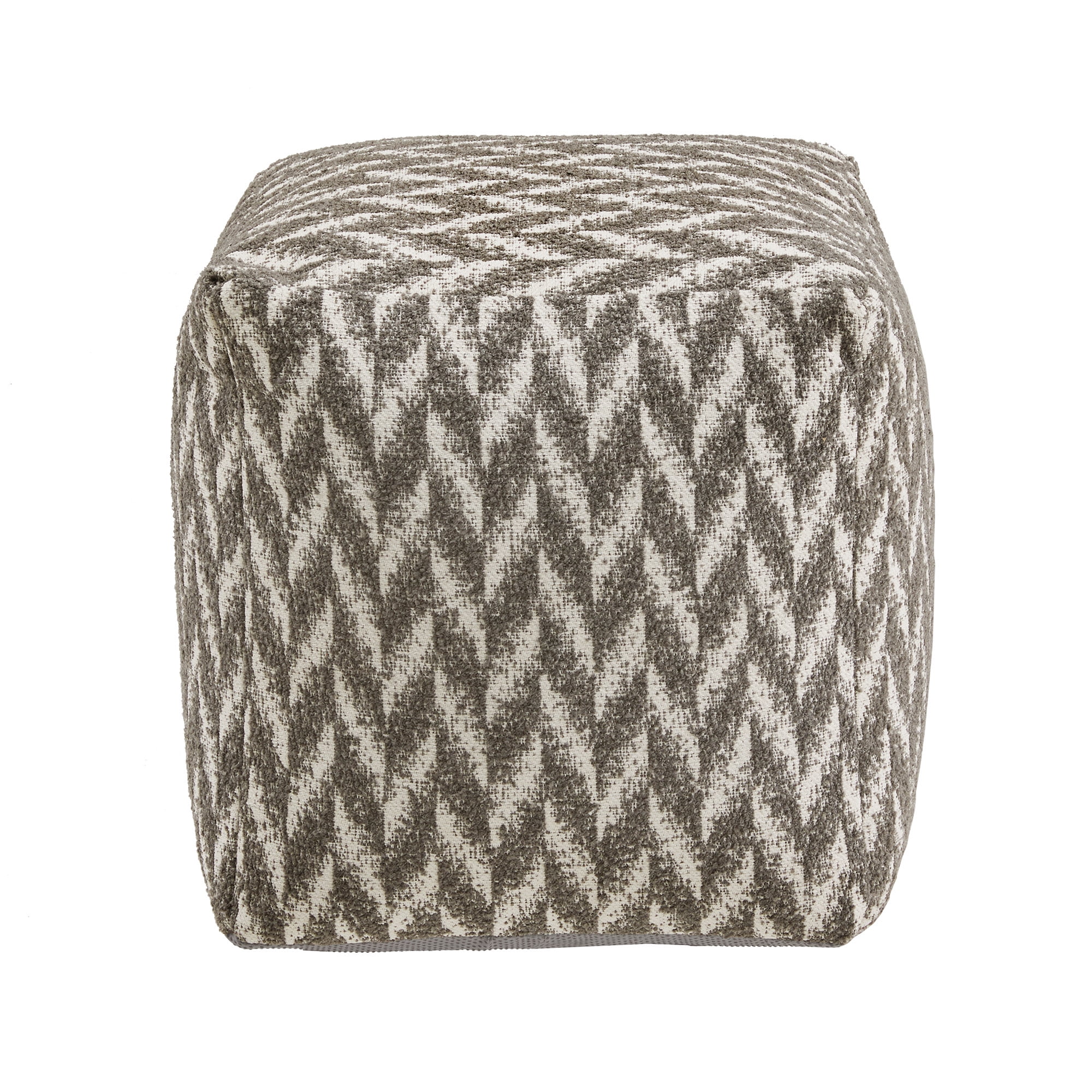 Weston Home Dinant Upholstered Square Pouf Ottoman, Grey & White Herringbone Pattern Fabric