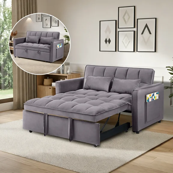 Howcool 55" Pull Out Sleeper Sofa Bed 3-in-1 Convertible Velvet Loveseat Adjustable Backrest Couch with Storage Pocket Small Space Sofa for Bedroom Living Room,Dark Grey