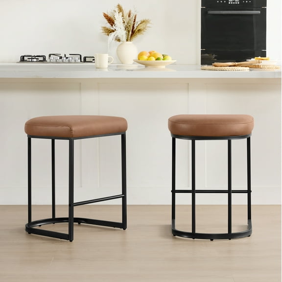 Spruce & Spring Modern Counter Bar Stool with Curved Upholstered Seat and Metal Legs for Kitchen Island or Bar Set of 2, Brown with Metal Legs