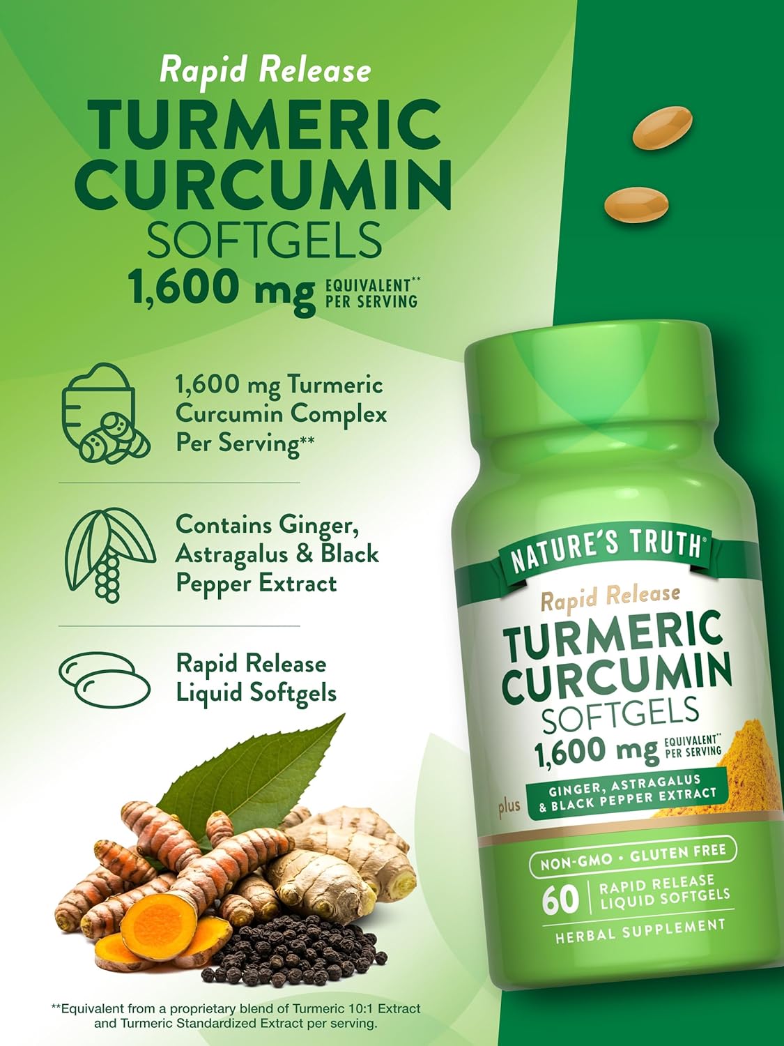 Turmeric Curcumin 1600mg | 60 Softgels | Non-GMO, Gluten Free Supplement | by Nature's Truth