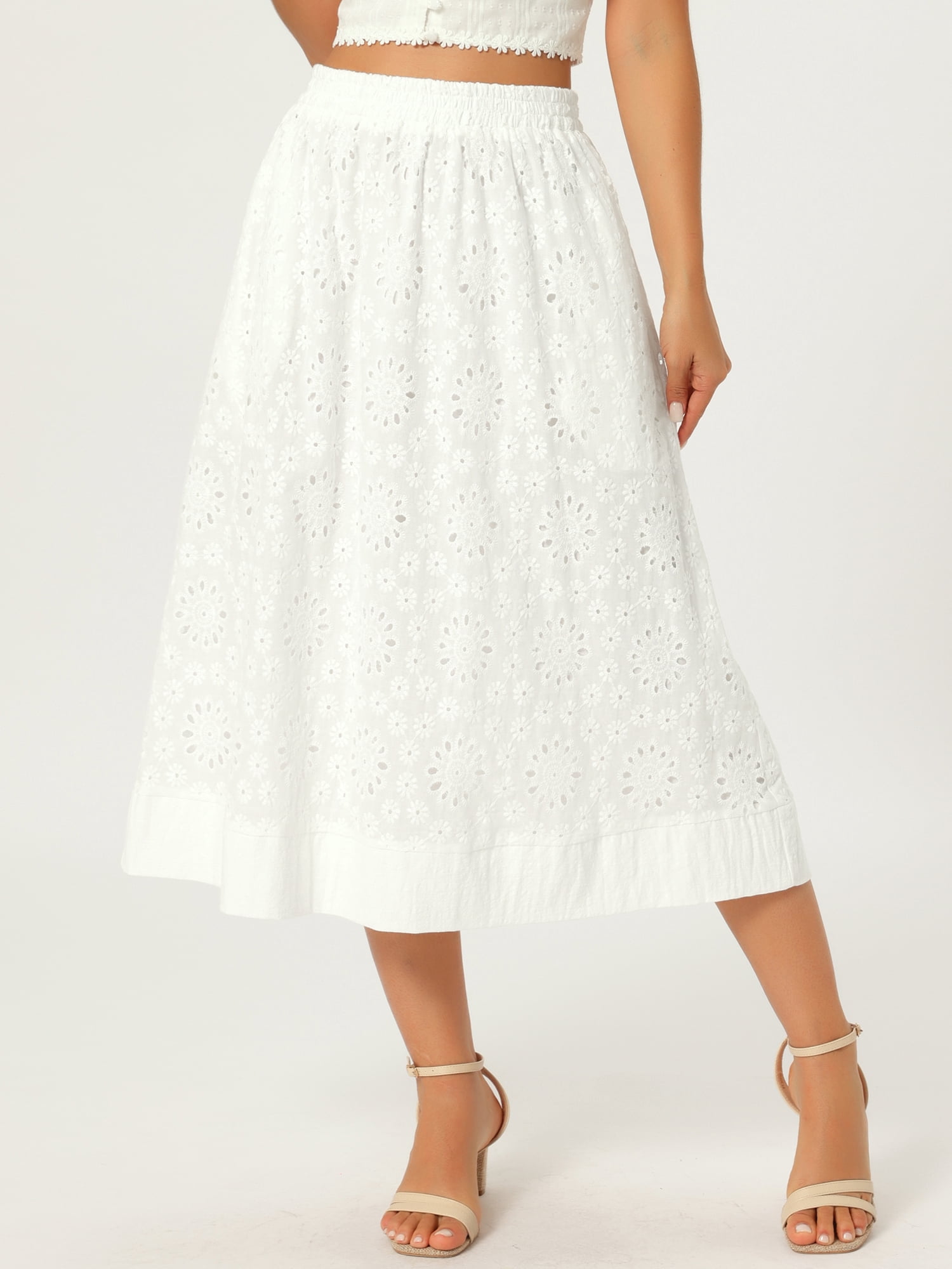 DARING DIVA Women's Eyelet Boho Skirt Elastic A-Line Midi Skirts Small White