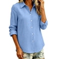 thumbnail image 3 of AKOEE Cotton Button Down Shirts for Women Long Sleeve Dressy Casual Lapel Blouses Plus Size Curved Hem Fall Tops (2XL, Light Blue), 3 of 6