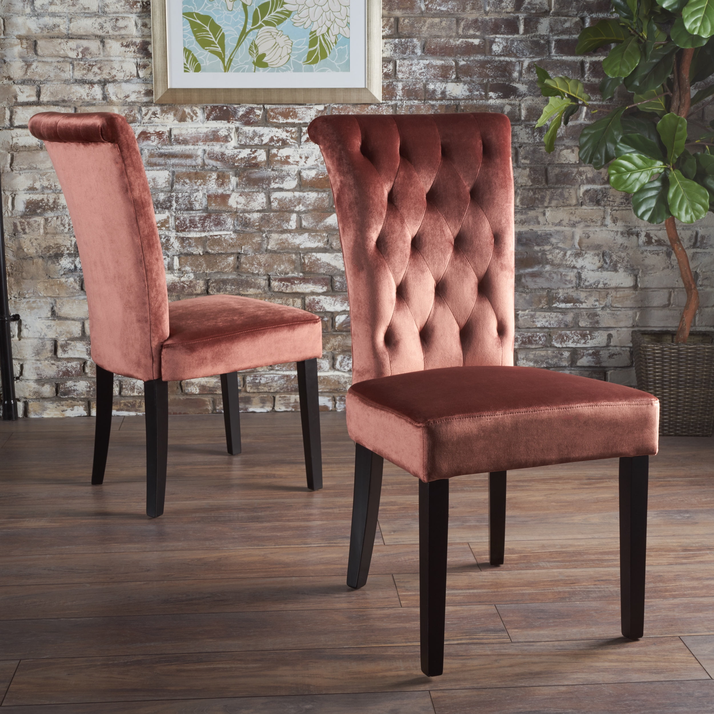 Noble House Amalia Tufted New Velvet Dining Chair, Set of 2, Blush