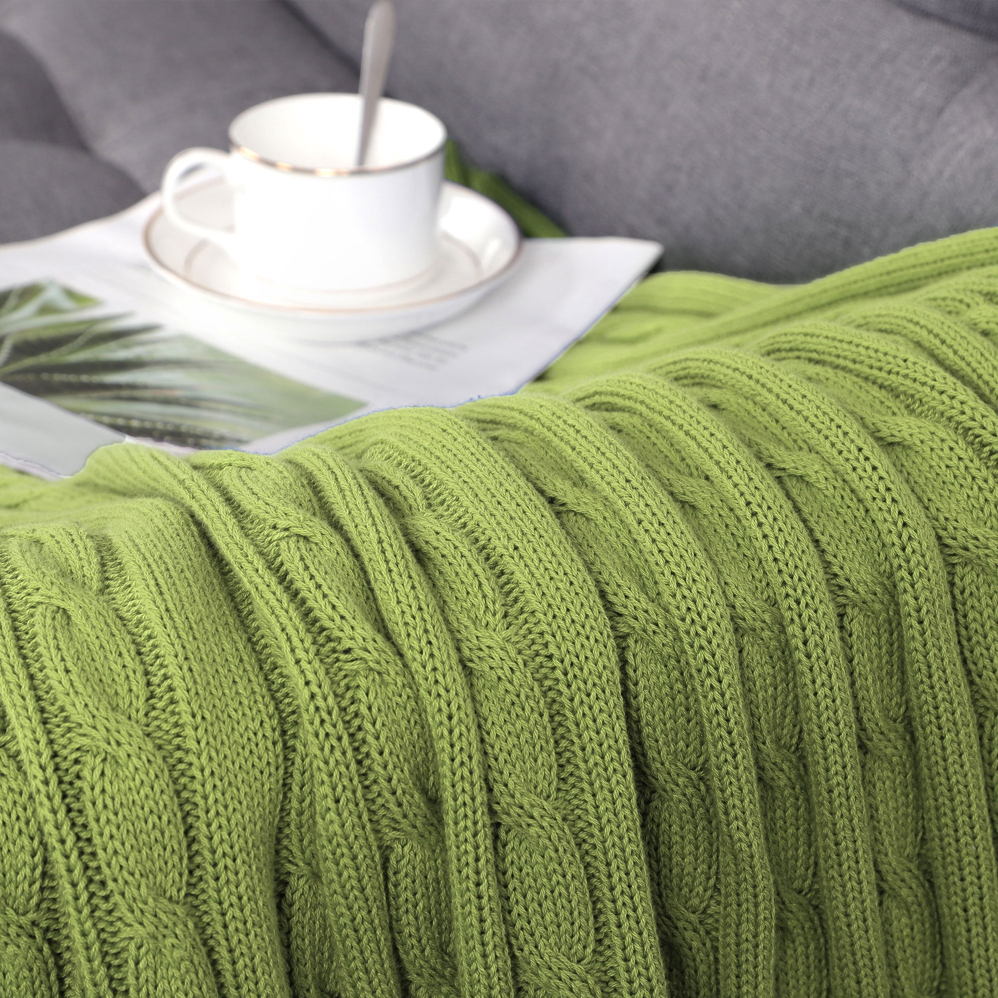 Unique Bargains 100% Cotton Cable Knit Throw Bed Blanket Green 51" x 59"