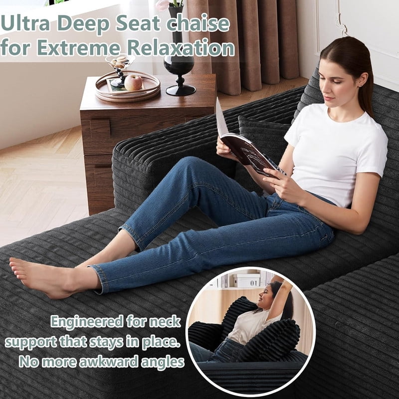 94'' Cloud Sectional Sofa with 2 Ottomans, Modular Upholstered Sofa Couch with Deep Seat, Plush Corduroy Fabric U Shaped Sofa for Living Room, Left Facing Chaise