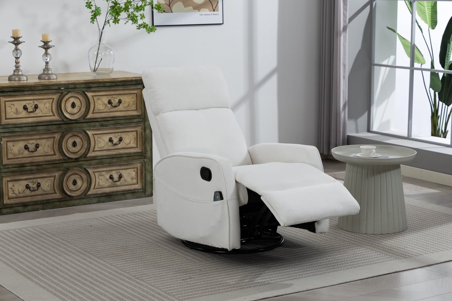Leumius Glider Recliner Rocking Chair,360°Swivel Glider Rocking Chair,Upholstered Manual Recliner Chair for Nursery and Living Room,Cream White