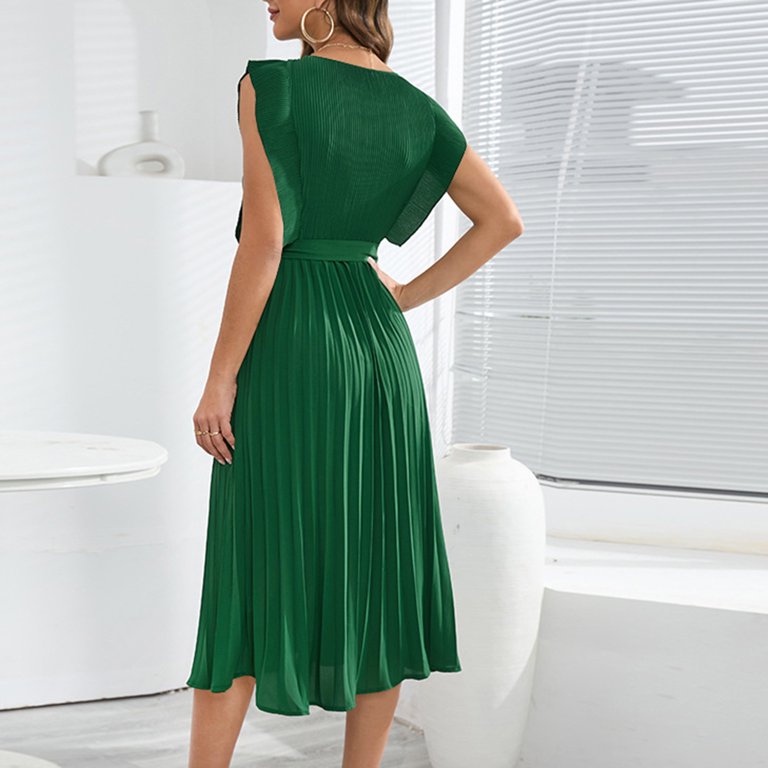 Drindf Summer Sleeveless Crew Neck Long Dresses Loose Slim Fitted Pleated  Tunic Maxi Dress Elegant Tie Solid Boho Dress - Walmart.com