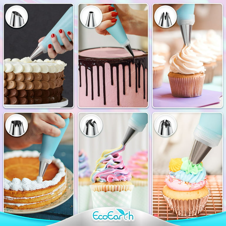 Piping Bags & Tips Set (15 Pcs, Blue) Reusable Pastry Kit for Cake Frosting  Decoration by EcoEarth