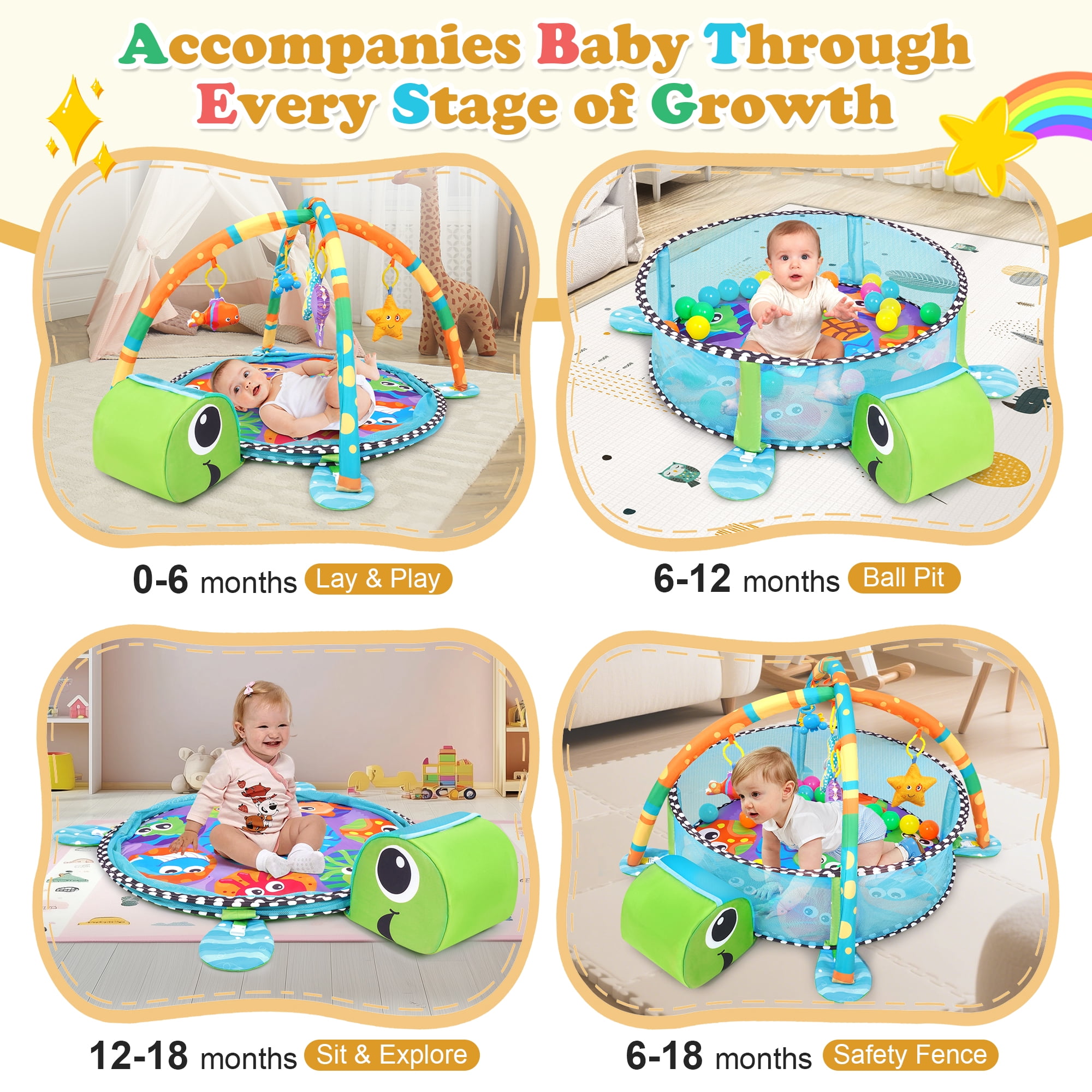 Babyeap 3-in-1 Baby Gym and Play Mat, Baby Activity with Ocean Ball Sensory Toys, 0-36 Months