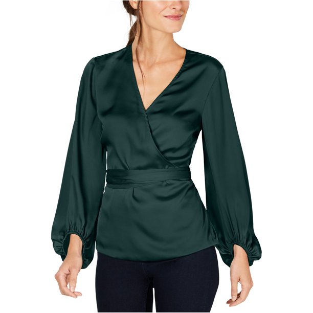 INC Blusa cruzada con manga de blusón para mujer, verde, pequeña I-N-C Envolver
