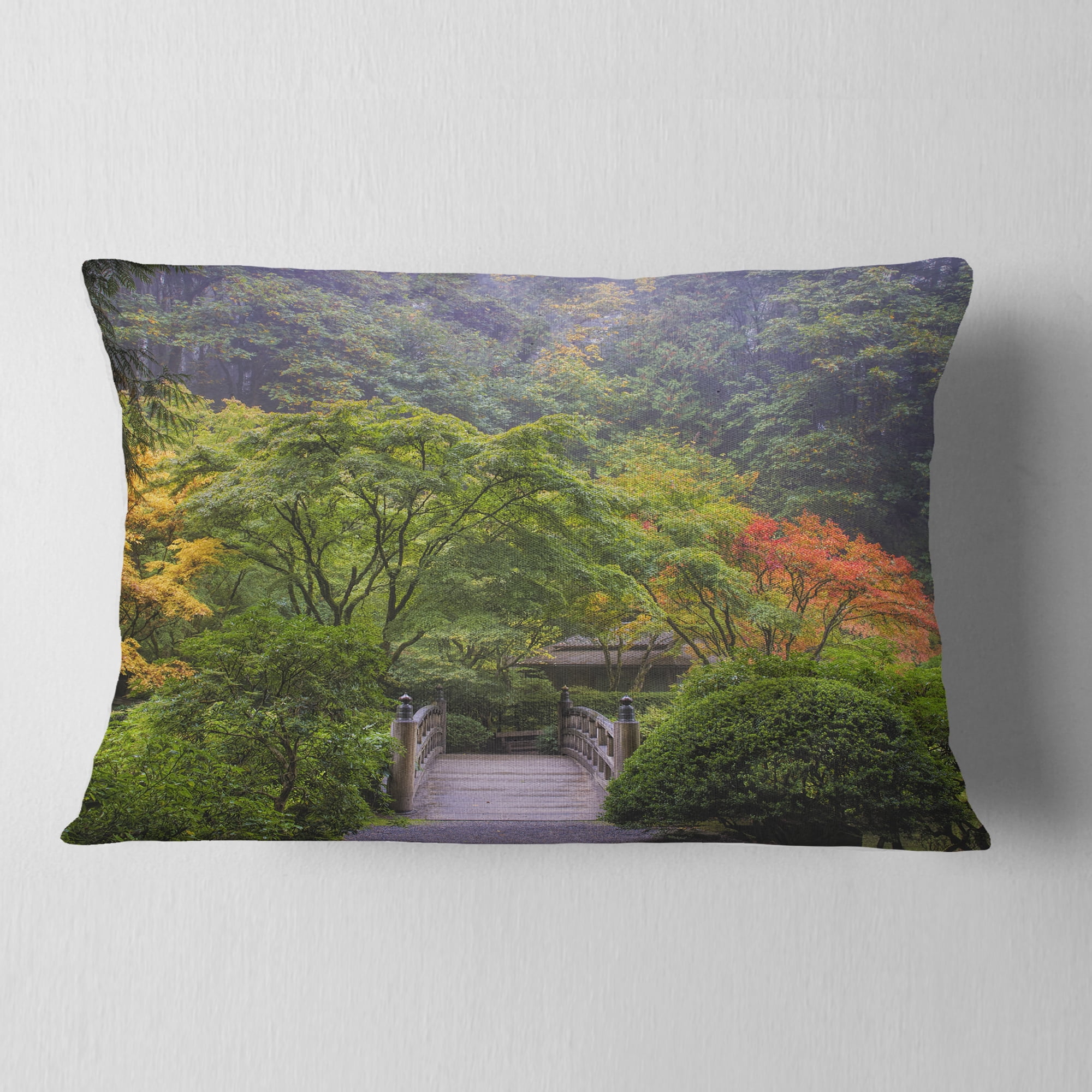 Designart Foggy Dawn in Japanese Garden - Landscape Photography Throw Pillow - 12x20