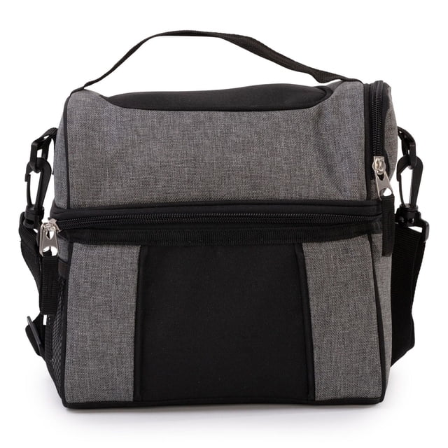 Insulated gray and black dome-shaped lunch box for kids with top handle, shoulder strap, and zippered compartments