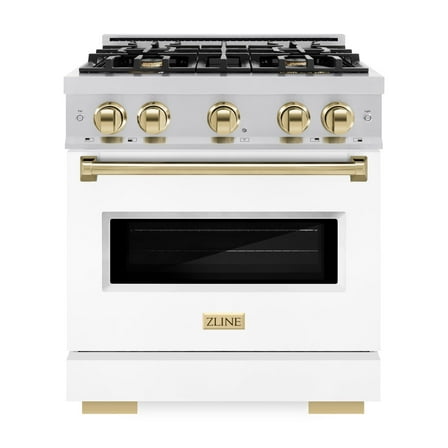 ZLINE Autograph Edition 30 in. 4.2 cu. ft. Classic Gas Range with 4 Burner Cooktop and Convection Gas Oven in Stainless Steel with White Matte Door and Polished Gold Accents (CGRZ-WM-30-G)