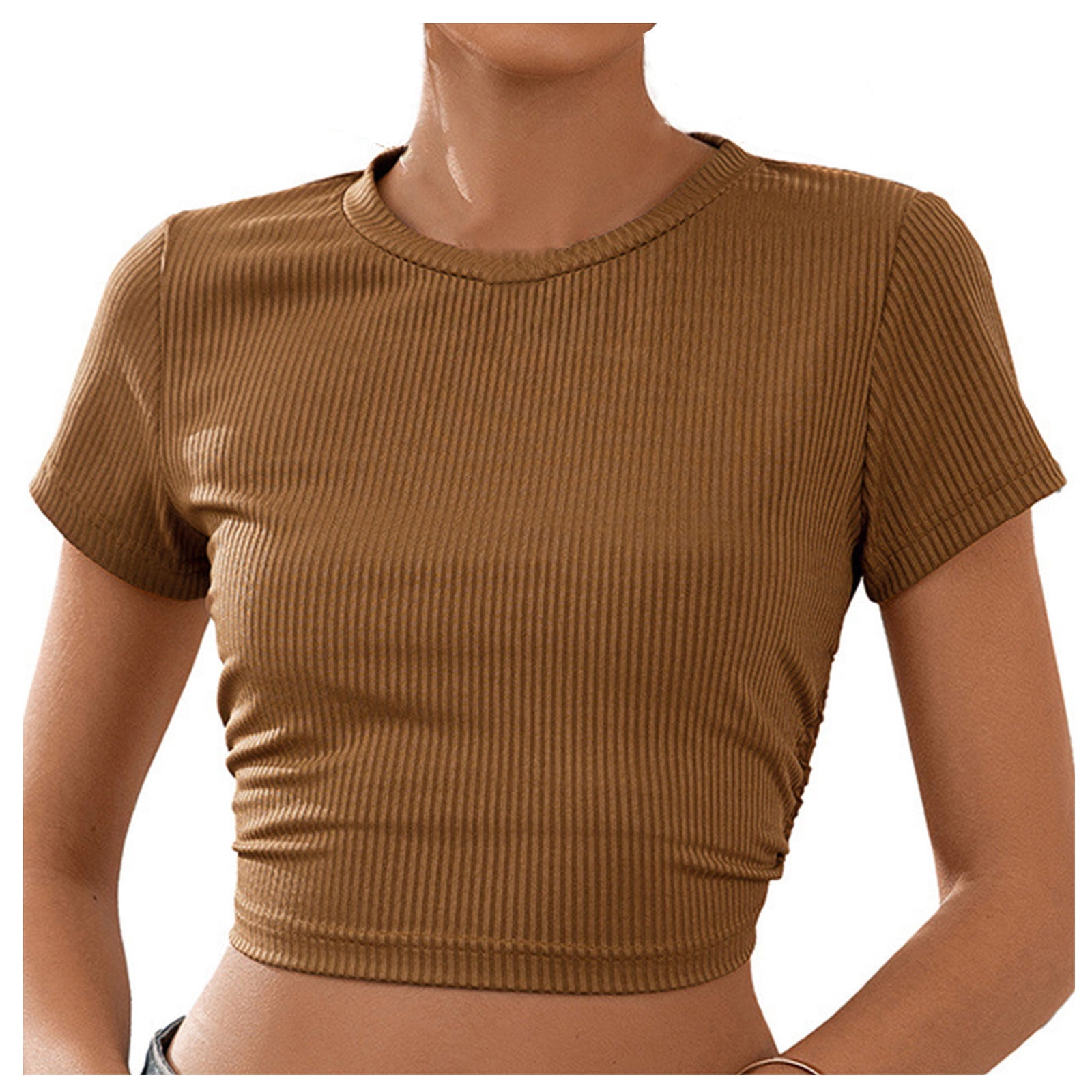 RYRJJ Womens Summer Short Sleeve Cute Crop Tops Casual Plain Basic Crewneck  Slim Fit T-Shirts(Brown,M)