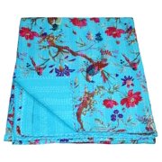 Turquoise Bird Hand Stitched Bedding Bedspread Cotton Kantha Quilt Hippie Indian Cotton Handmade Queen Bohemian Blanket Ethnic Cotton Coverlet