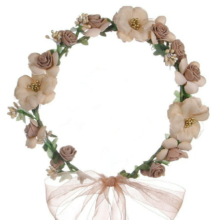 Handmake Rose Flower Wreath Headband Floral Crown with Adjustable Ribbon for Wedding Holidays