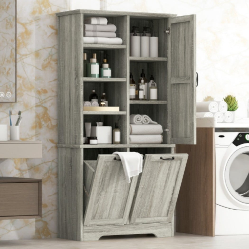 Bathroom Storage Cabinet with Doors and Drawers, Tall Laundry Hamper Cabinet with 2 Tilt-Out Baskets, Adjustable Shelves, Open Storage, Light Oak
