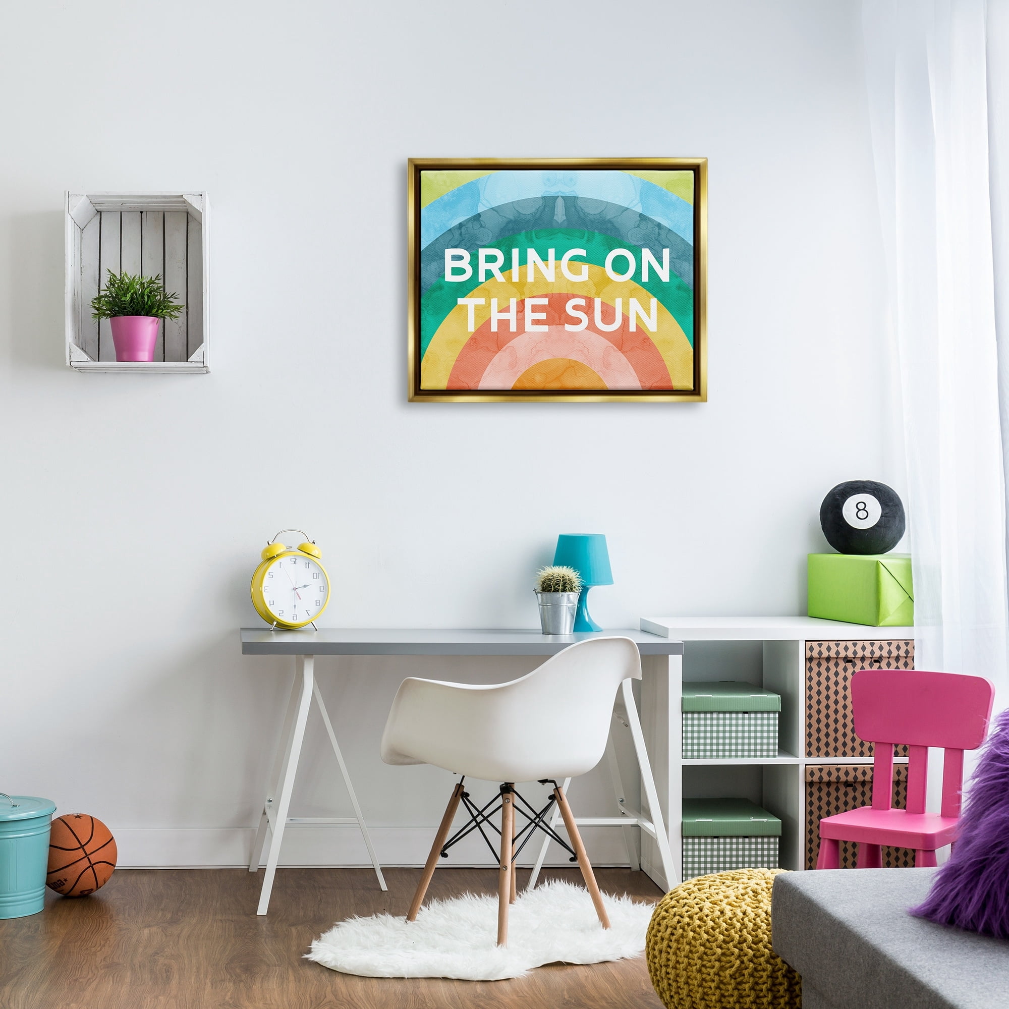 Stupell Industries Bring On The Sun Typography Rainbow Watercolor Detail Graphic Art Metallic Gold Floating Framed Canvas Print Wall Art, Design by Daphne Polselli