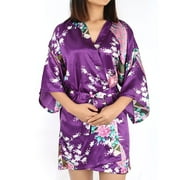 Satin Robe Dressing Gown Rayon Wedding Bride Bridesmaid (Dark Purple Floral, L)