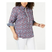 TOMMY HILFIGER Womens Blue Floral 3/4 Sleeve Collared Top Plus Size: 3X