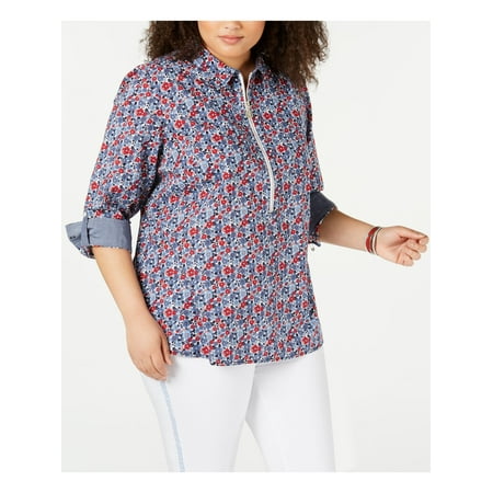 TOMMY HILFIGER Womens Blue Floral 3/4 Sleeve Collared Top Plus Size: 3X