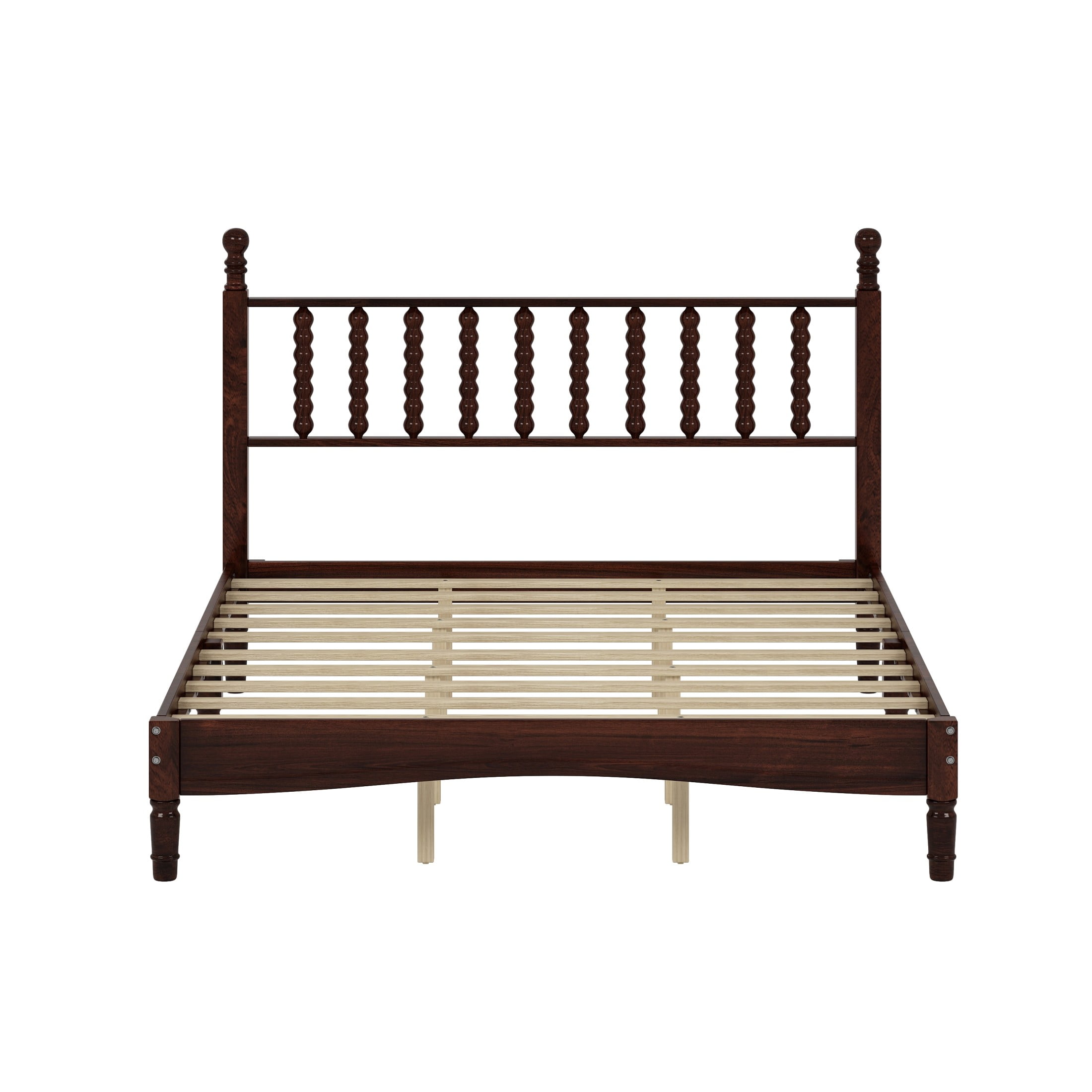 Noble House Queen Size Wood Platform Bed with Gourd-Shaped Headboard, Retro Wooden Bed Frame with Slat Support, Walnut