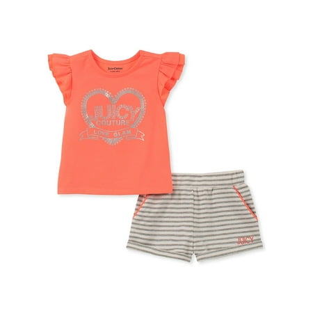 Little Girl's 2-Piece Graphic Logo Tee & Metallic Stripe Shorts Set