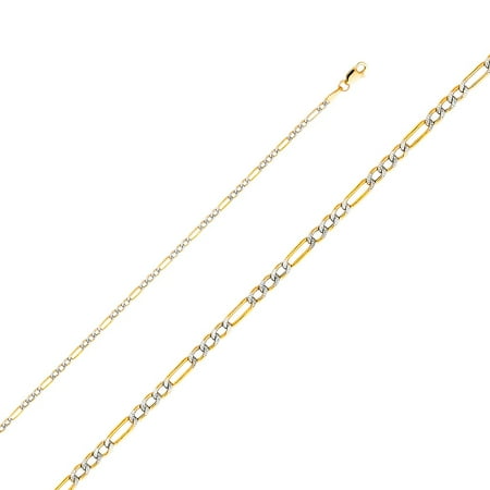 - Solid 14k Two Tone Italian Gold Figaro Links 2.5mm Chain White Pave Diamond Cut Hollow Necklace 16