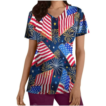 

YYDGH Independence Day Scrub Top for Women Summer V Neck Short Sleeve T Shirts Nursing Working Uniform Scrub Tops Red S