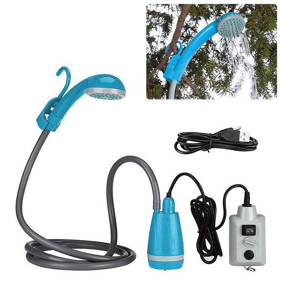 Portable Camping Shower Outdoor Camping Shower Pump Rechargeable Shower Head Bucket for Camping Hiking Traveling Blue Shower