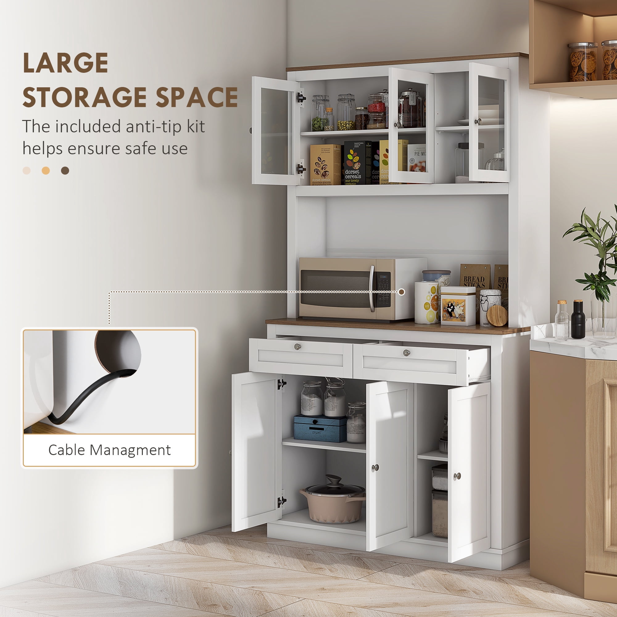 HOMCOM 71" Tall Kitchen Pantry Storage Cabinet with 2 Drawers, Microwave Cabinet with Adjustable Shelves and Glass Doors, White