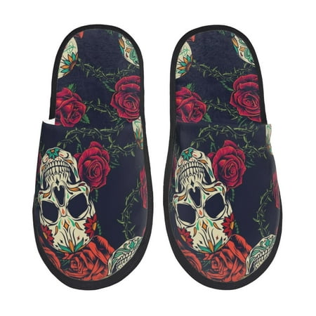 Balery Roses Skulls Slient Indoor Furry Fleece Comfort House Shoes Soft Non-Slip Home Shoes Cotton slippers House Slippers-- Large