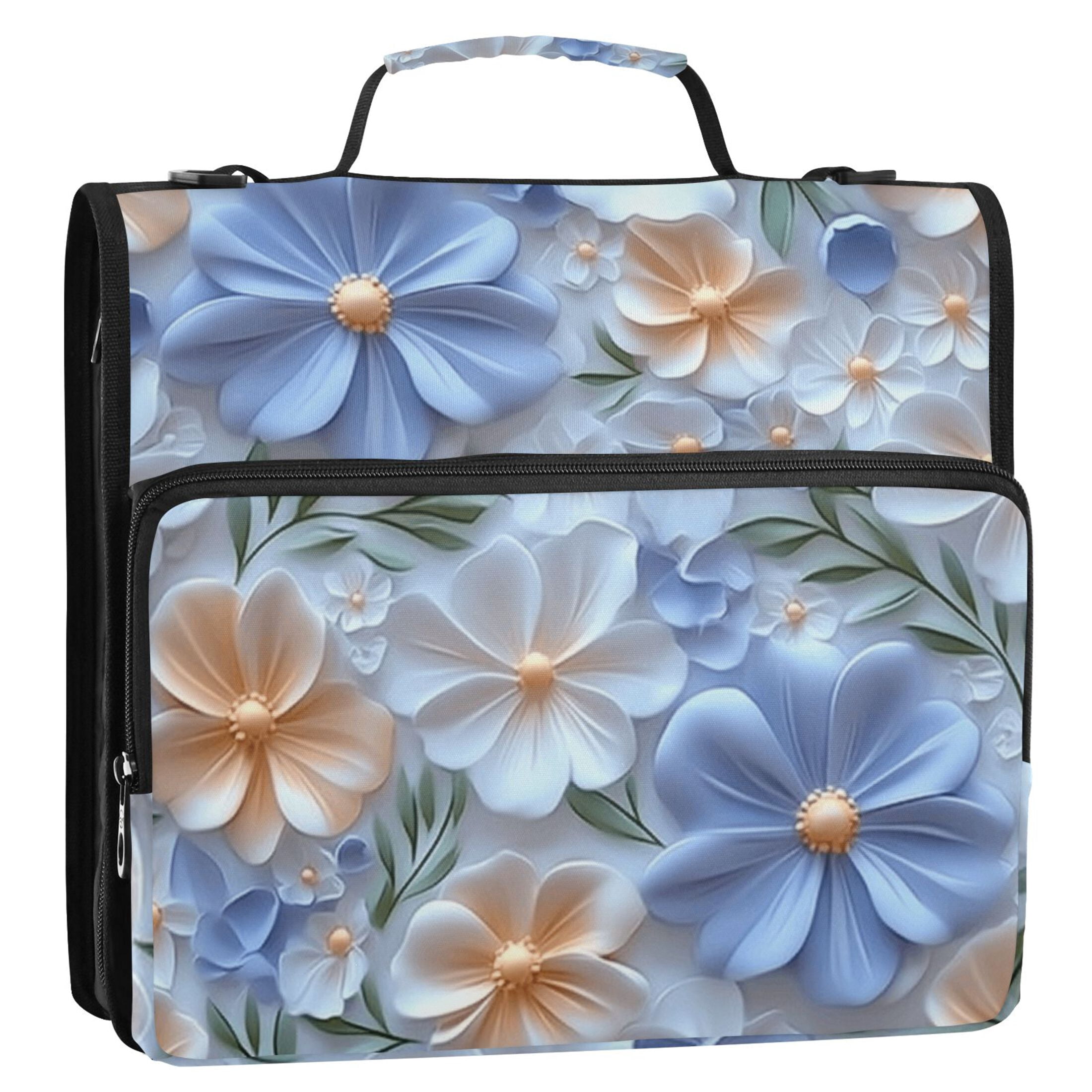 3 Ring Zipper Binder with Shoulder Strap Waterproof Trapper Keeper 2 Inch D-Ring 500 Sheets Capacity White Blue 3d Flower