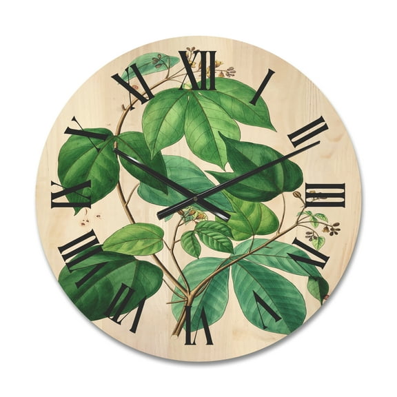 Designart 'Ancient Green Leaves Plants III' Traditional Wood Wall Clock