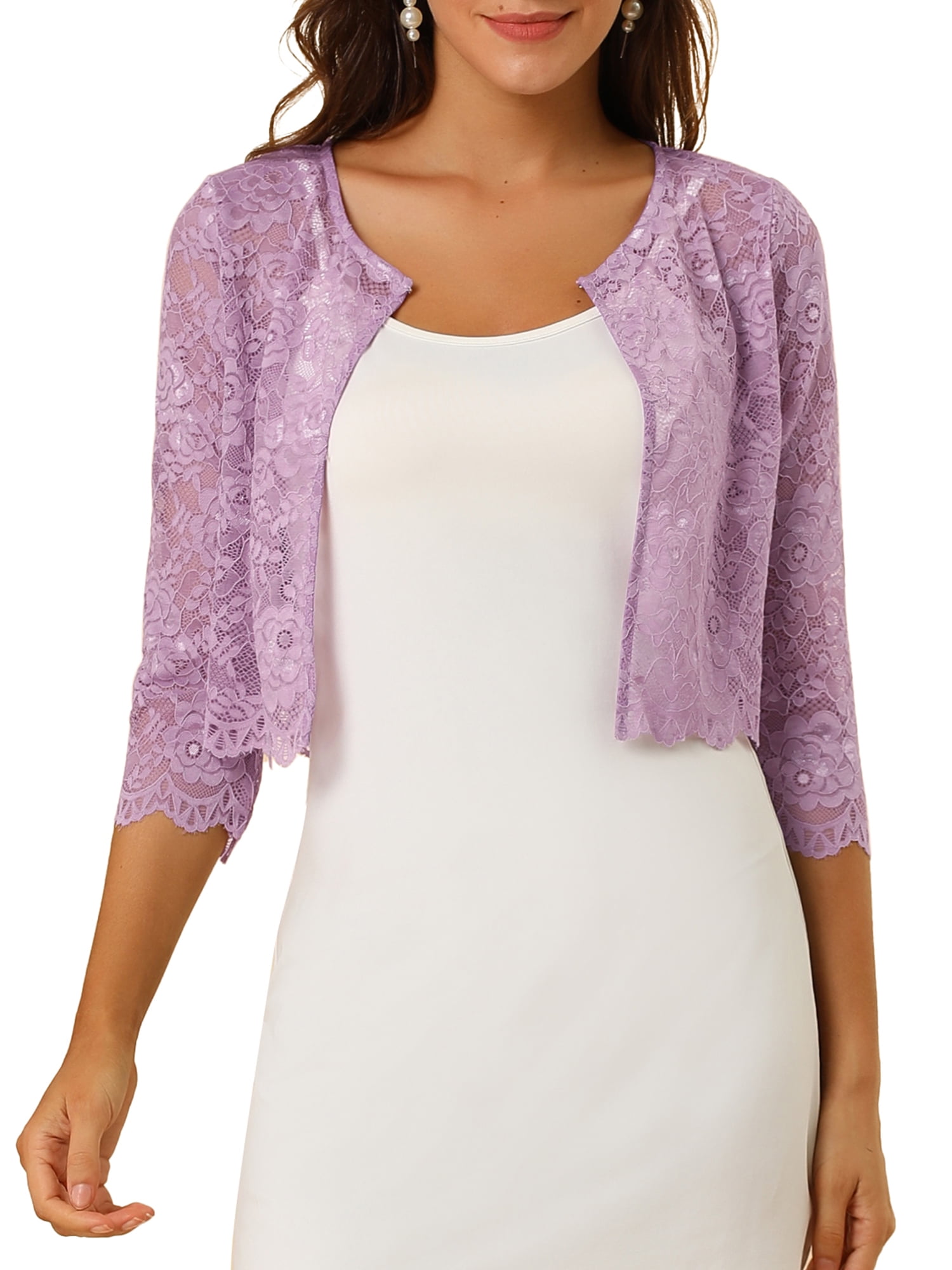 Allegra K Women's Open Front 3/4 Sleeve Sheer Floral Lace Cropped Shrug