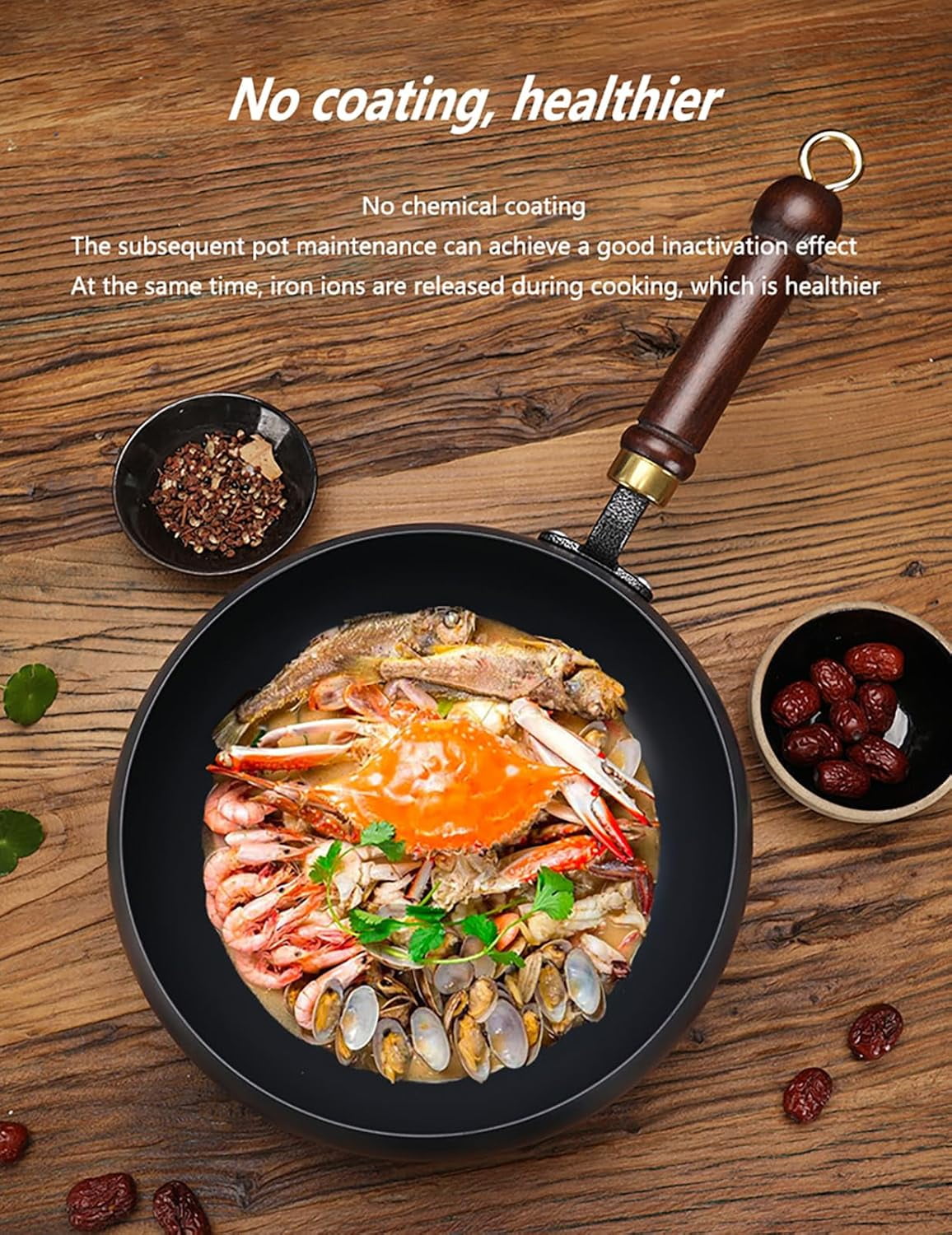 Hand-Forged Iron Wok with Wooden Lid, Japanese Non-Coated Nonstick Frying Pan, for Gas Stove, Induction Cooktop – Flat Bottom Stir Fry Pan for Home Kitchen Cooking (9.5in)