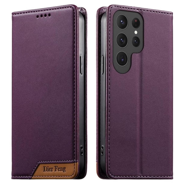 Funda Tipo Cartera de Cuero Sintético para Samsung Galaxy S25 Ultra Bloqueo RFID, con Ranuras para Tarjetas y Bolsillo para Efectivo, Cierre Magnético Fuerte Morado