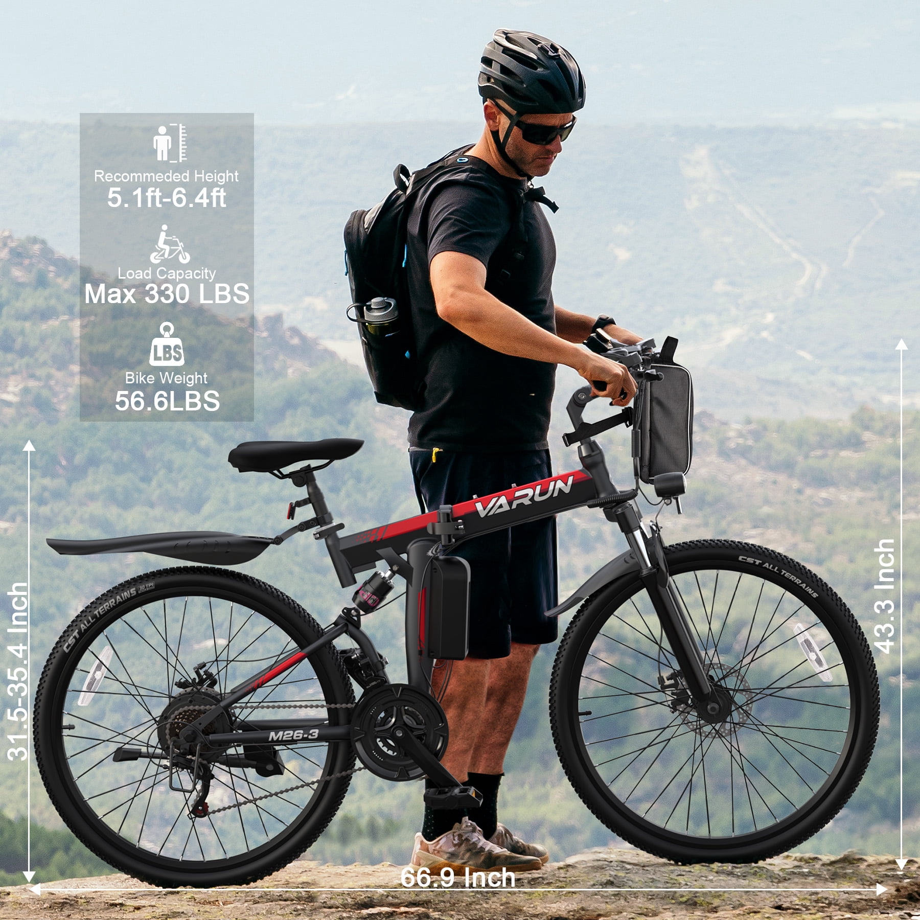 VARUN Electric Bike for Adults, 26" Foldable E-Bike with Peak 750W Motor, 48V 374.4Wh Removable Battery, Up To 20+MPH 50 Miles, 21-Speed Gears, Full Suspension System, Folding Electric Mountain Bike