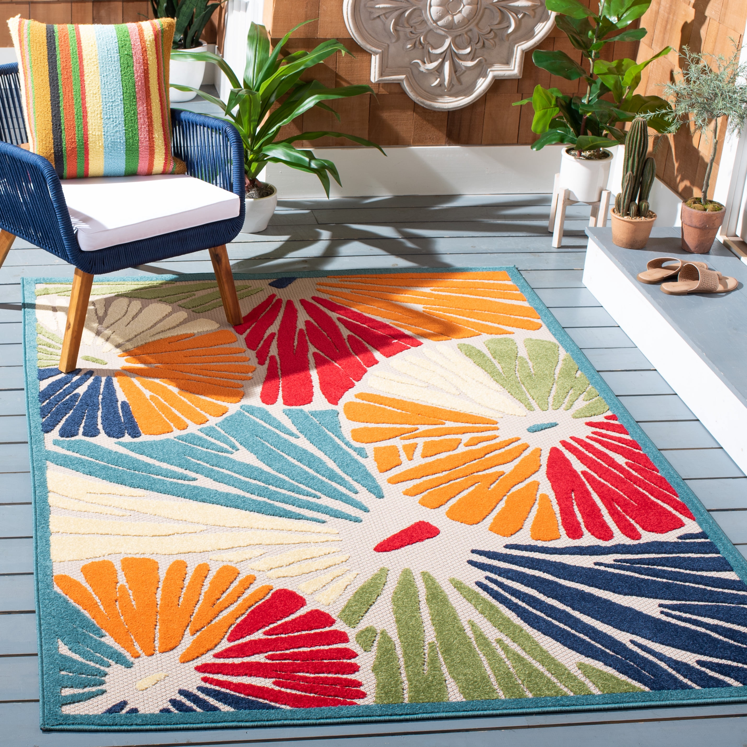SAFAVIEH Cabana Roscoe Floral Indoor/Outdoor Area Rug, Ivory/Blue, 8' x 10'