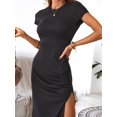 thumbnail image 5 of Cupshe Women's Black Round Neck Ruching Short Sleeve Solid Bodycon Dress Cocktail Party Side Slit Long Dress, 5 of 5